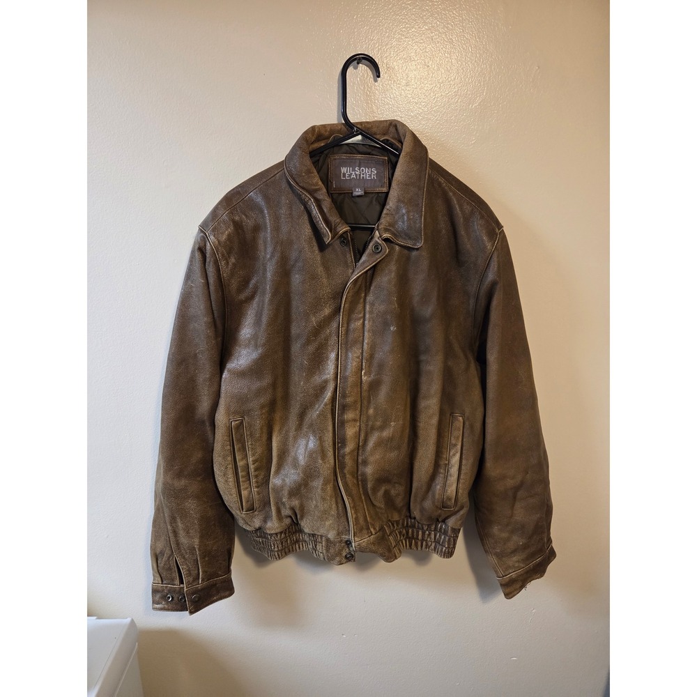Wilsons Leather Bomber Jacket Mens XL Brown Distressed American Flag Graphic